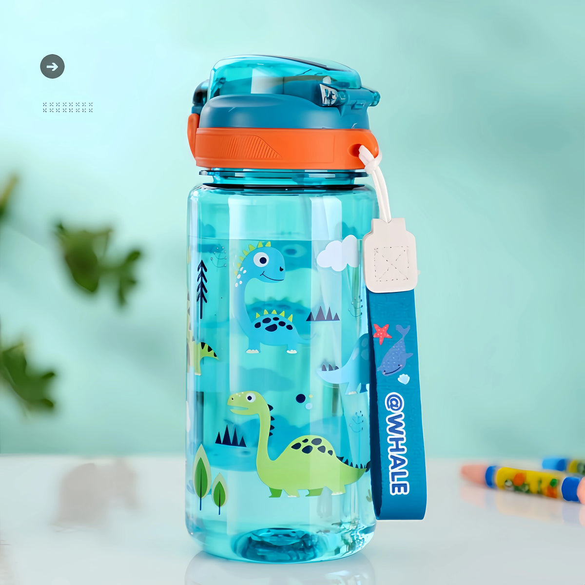 A clear silicone water bottle shaped like a dinosaur, featuring various dinosaur illustrations and an orange lid.