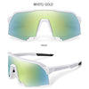 White and gold polarized cycling sunglasses shown from the front and side views.