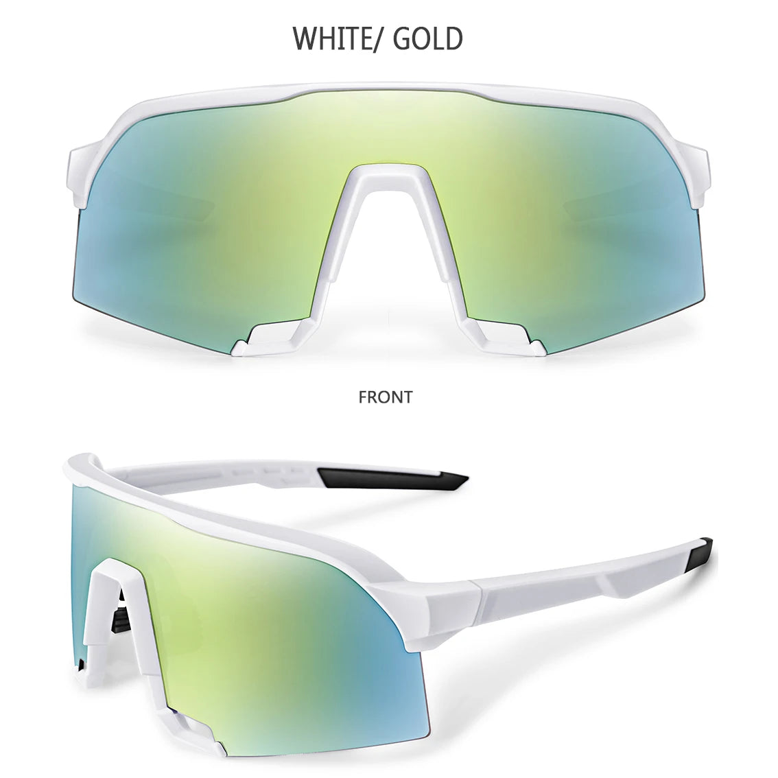 White and gold polarized cycling sunglasses shown from the front and side views.