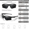 A set of black polarized sports sunglasses with various frame and lens sizes and face shapes shown.