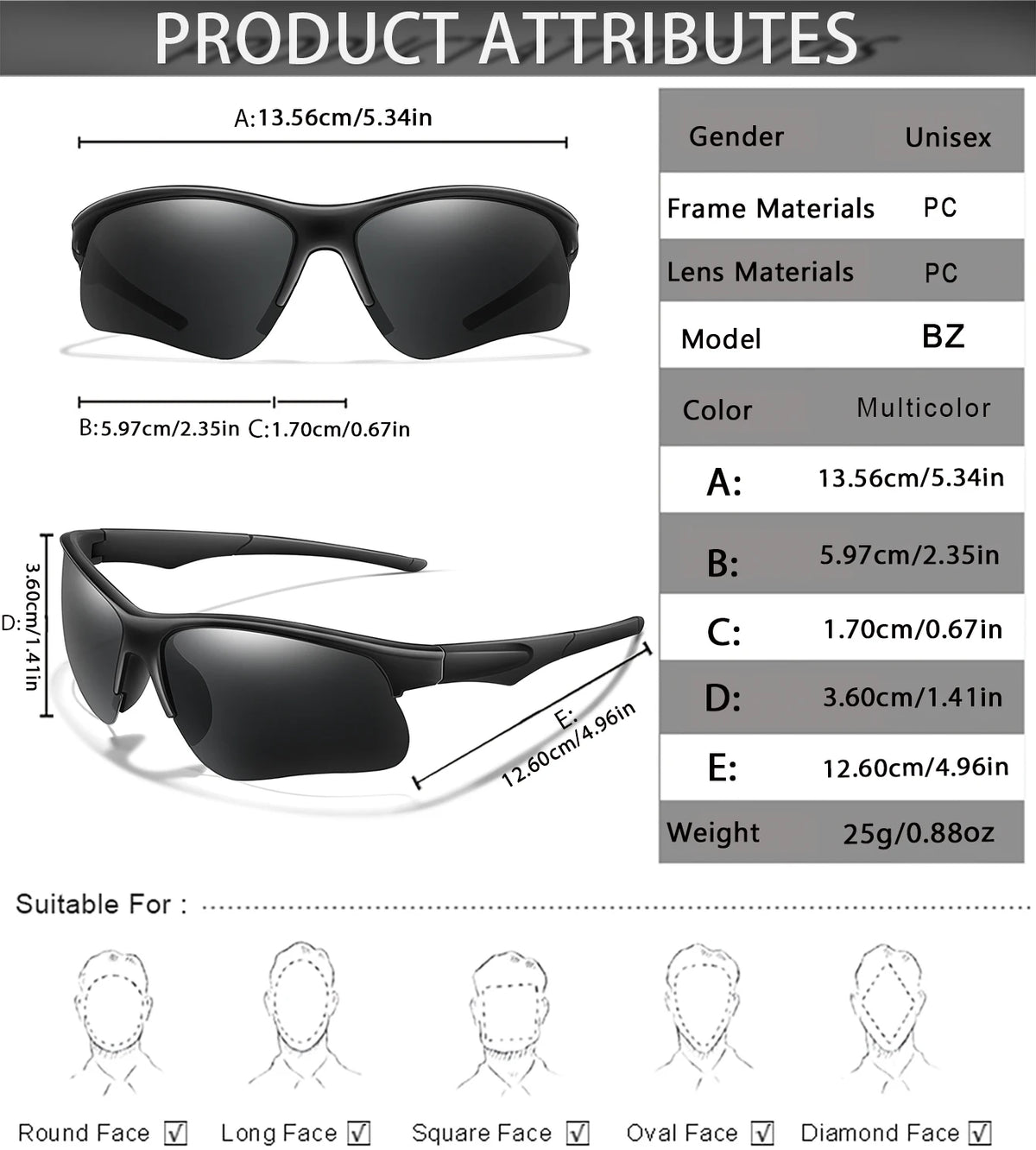 A set of black polarized sports sunglasses with various frame and lens sizes and face shapes shown.