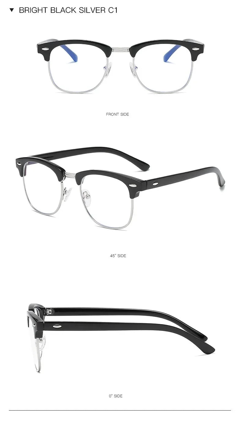 A pair of bright black silver computer glasses shown from the front, side, and angle views.