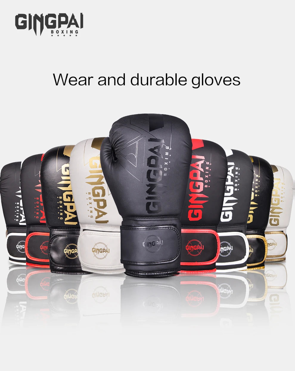 A collection of black and white boxing gloves displayed on a light background.