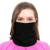 A woman wearing a black seamless fabric balaclava or neck gaiter against a white background.