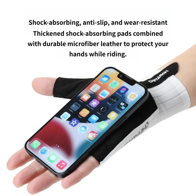 Black half finger cycling gloves with white wrist strap protecting hands while riding