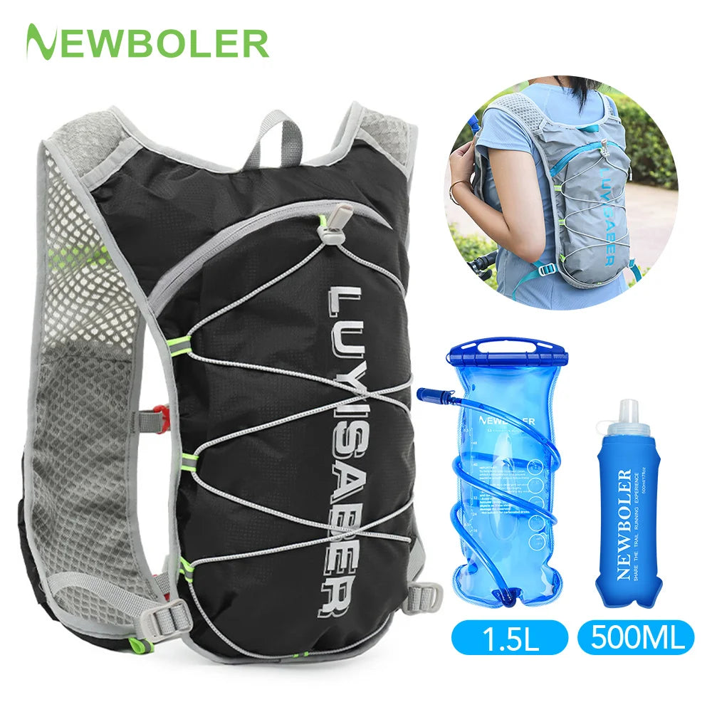 A black and gray Newboler backpack is shown with a woman wearing it, next to a blue water bottle.