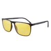 A pair of black sunglasses with yellow lenses and a black frame.