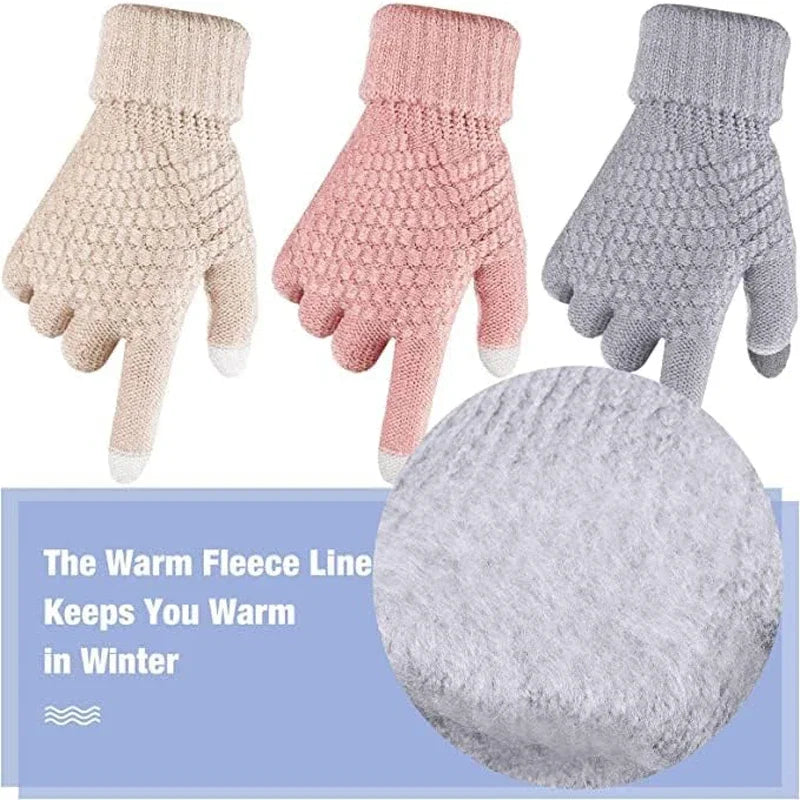 A set of three knitted winter gloves in beige, pink, and gray colors shown next to a spherical fleece material.