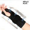 A black wrist brace with dual metal splints is shown on a hand, demonstrating its use.