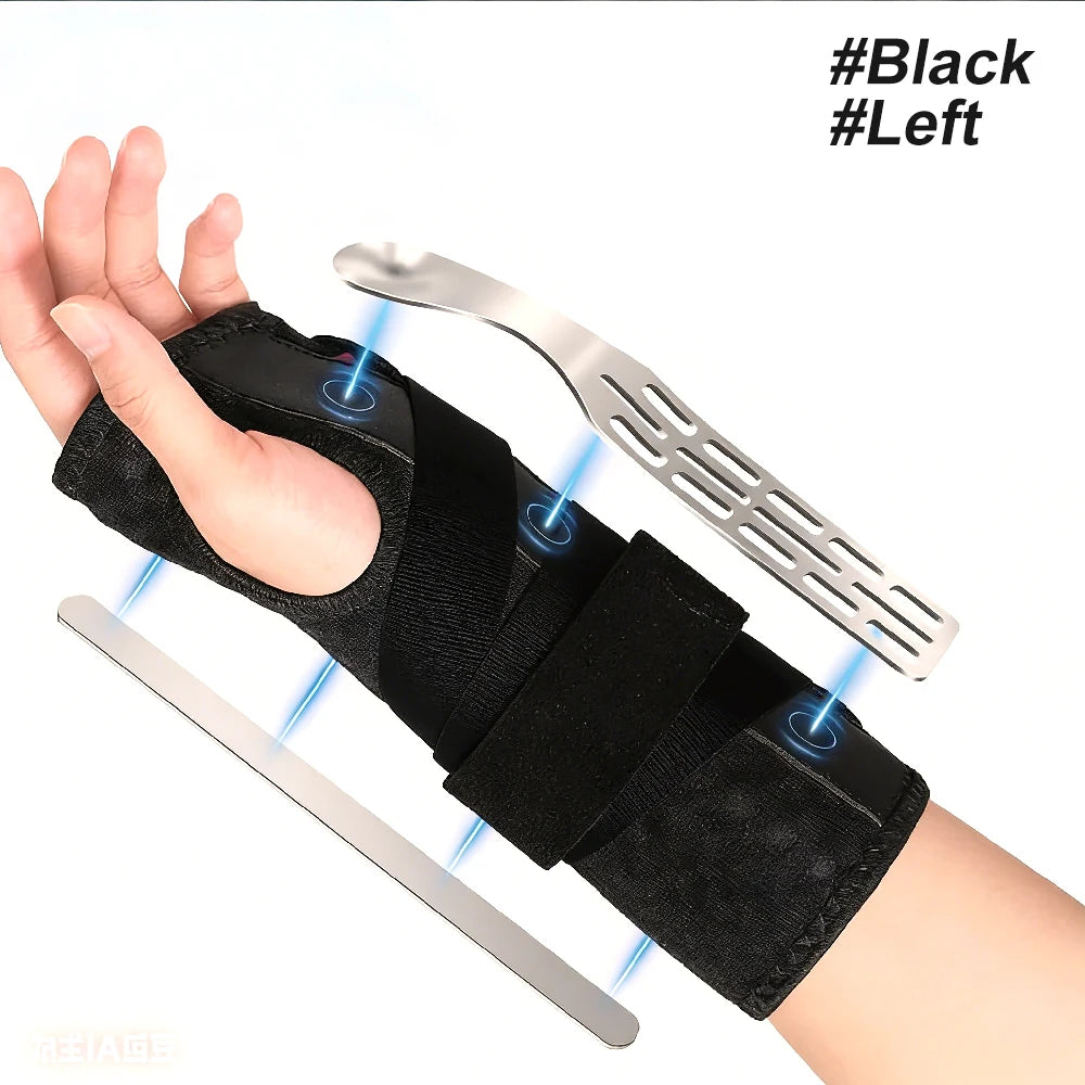 A black wrist brace with dual metal splints is shown on a hand, demonstrating its use.