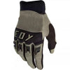 A pair of heavy duty full finger off-road motorcycle gloves in black and olive green.