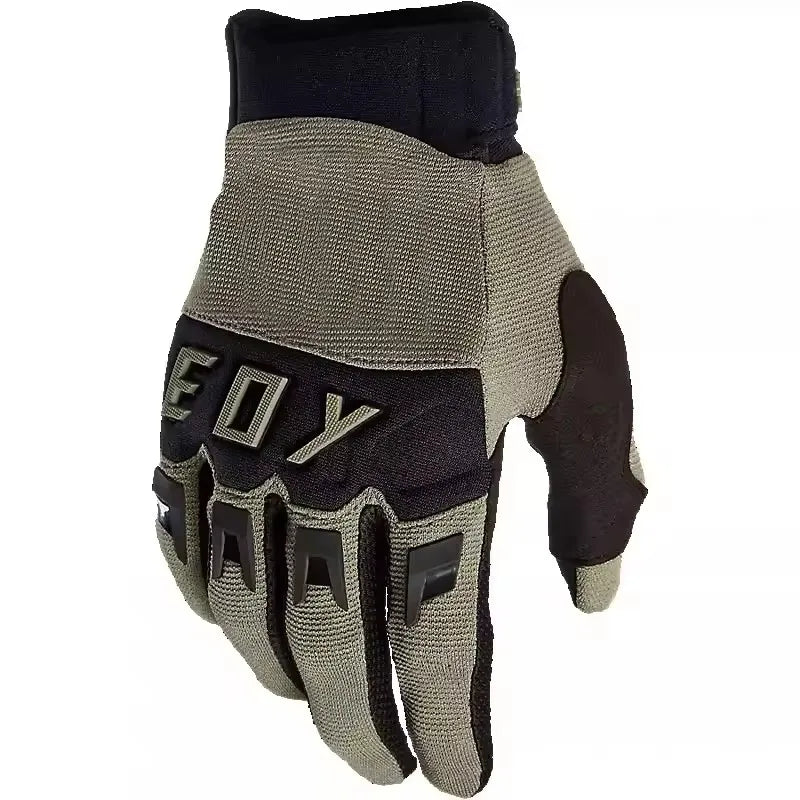 A pair of heavy duty full finger off-road motorcycle gloves in black and olive green.
