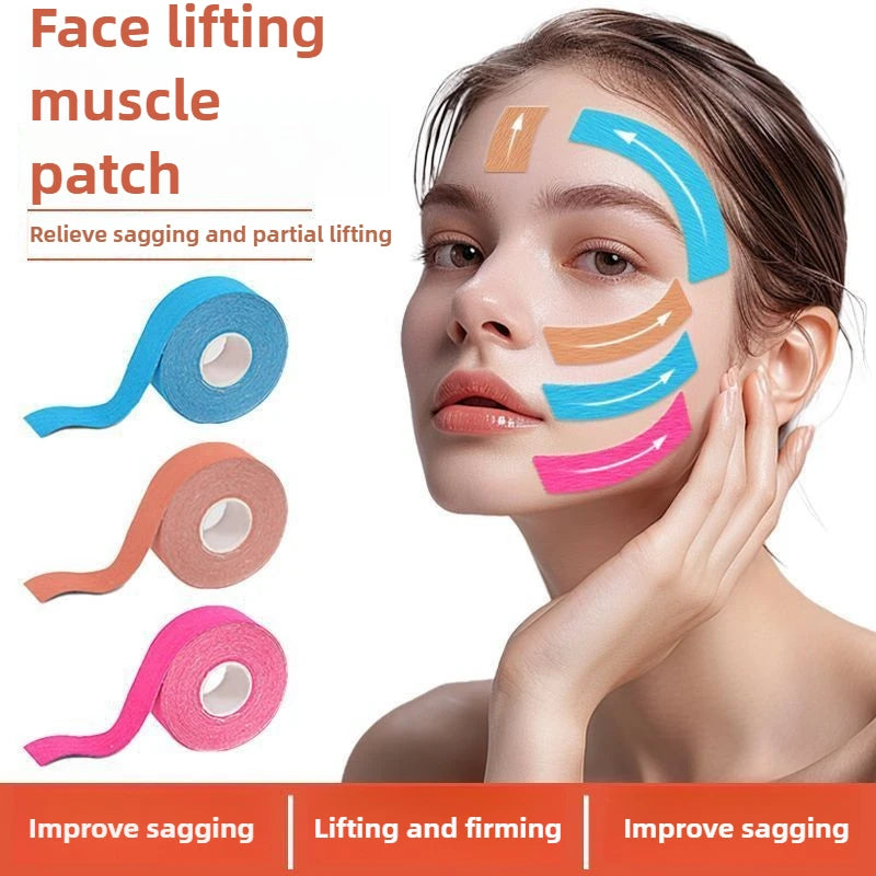 A woman applies a blue face lifting muscle patch to her cheek, demonstrating the product for sagging and lifting.