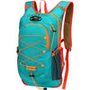 A teal outdoor backpack with orange accents featuring a mesh pocket and adjustable straps.