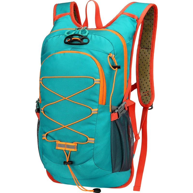 A teal outdoor backpack with orange accents featuring a mesh pocket and adjustable straps.