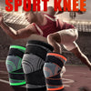 A male athlete is shown in a dynamic pose with adjustable sports knee pads placed on the ground.