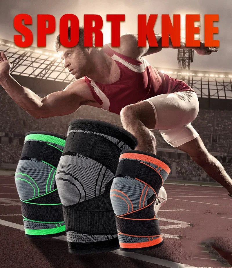 A male athlete is shown in a dynamic pose with adjustable sports knee pads placed on the ground.
