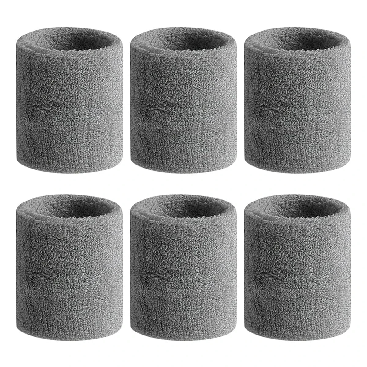 Six individual gray sweat-absorbing sports wrist guards rolled into cylindrical forms.