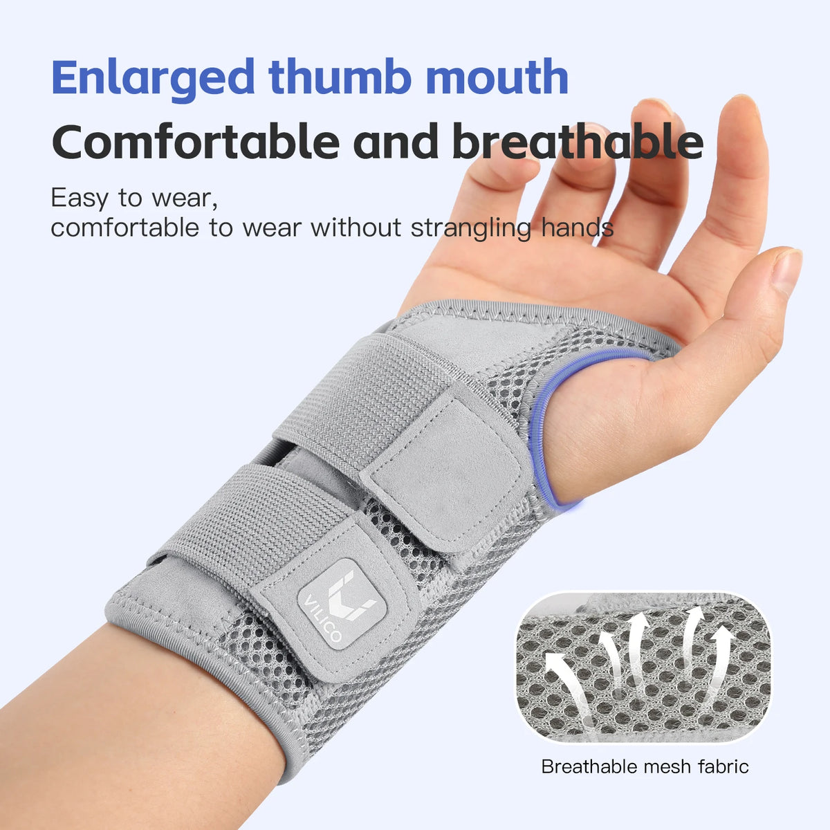 Gray ergonomic wrist support brace made of breathable mesh fabric worn on the hand and wrist.