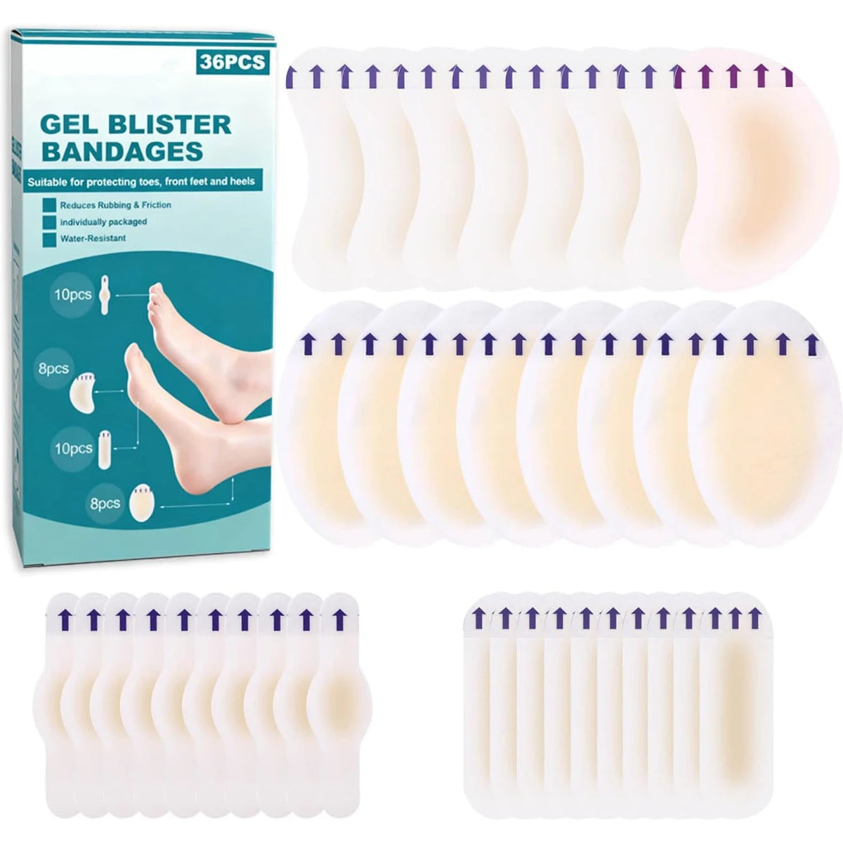 Pack of gel blister bandages and pads for foot pain relief shown in various quantities and forms