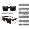 A set of black PU+ALLOY sunglasses shown in multiple views and dimensions.