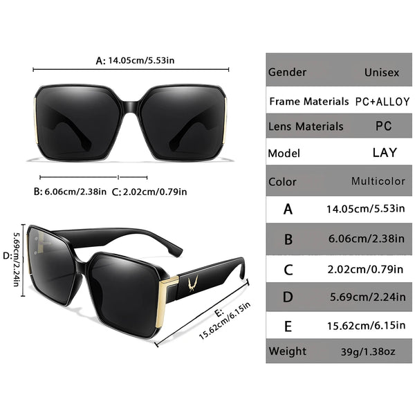 A set of black PU+ALLOY sunglasses shown in multiple views and dimensions.