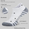 White athletic socks with gray stripes showing features like a heel tab, Y-type heel, breathable material, arch support, and 