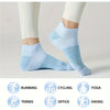 Light blue performance compression ankle socks shown on a foot, with icons indicating uses like running, cycling, yoga, tenni