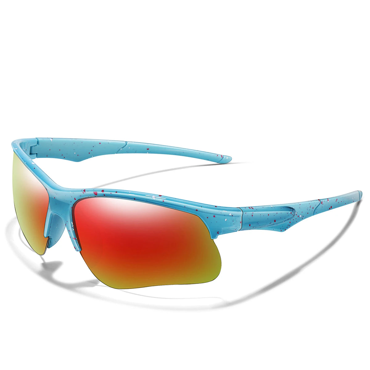 Light blue sports sunglasses with orange lenses and blue frames shown against a white background.