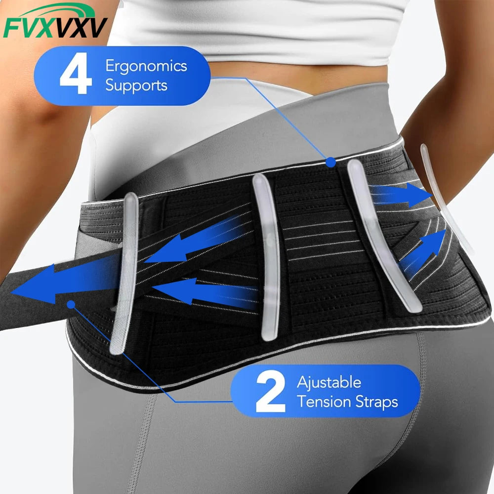 Ceinture de soutien noire ajustable avec sangles blanches et supports ergonomiques portés autour du bas du dos.