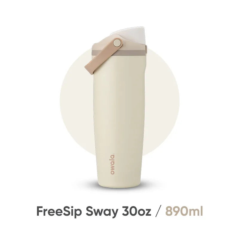 A beige insulated stainless steel travel mug with a light wood-colored lid shown vertically.