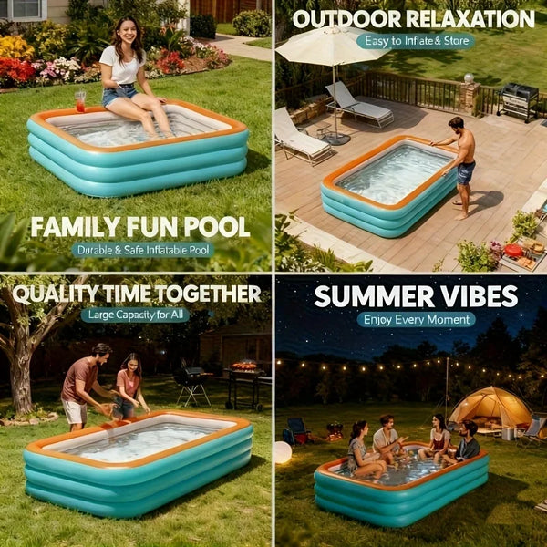 Une famille profite d'une piscine rectangulaire gonflable dans un jardin.