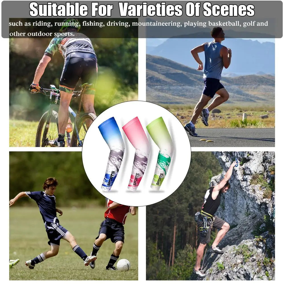 A set of two cooling UV protection arm sleeves shown in various outdoor activities like riding, running, and climbing.