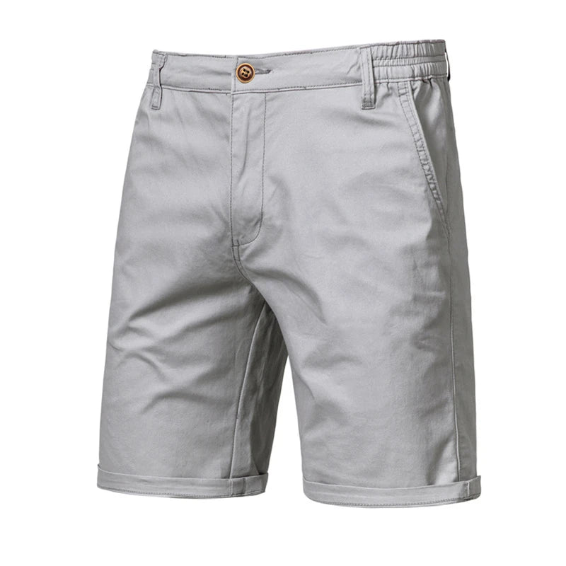 Gray men's summer cotton casual shorts with a button closure and side pockets