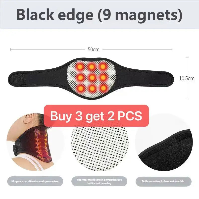Schwarze Rand-Halsstütze mit 9 Magneten, gezeigt neben dem Hals eines Models und verschiedenen Ansichten.