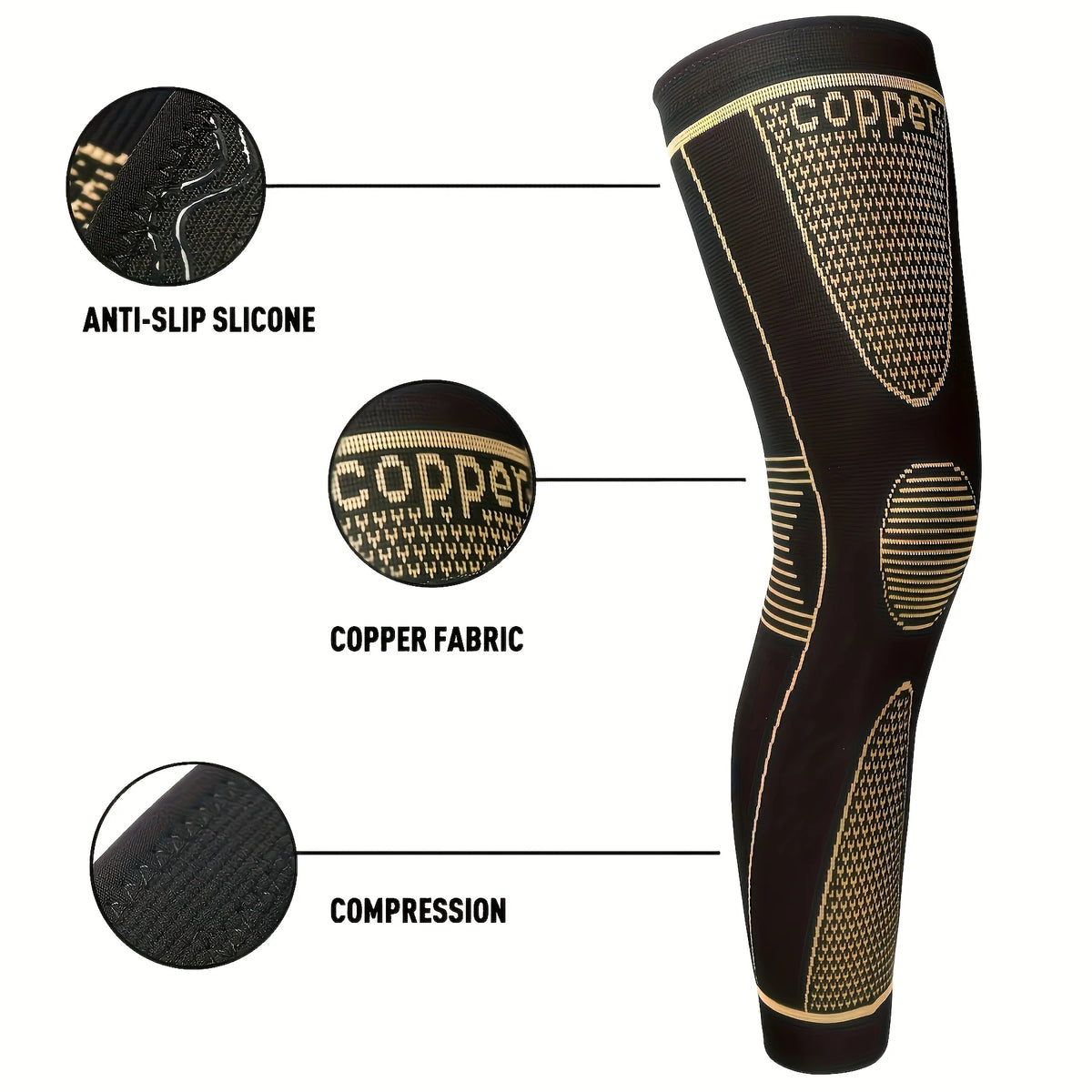 A black compression sleeve for the leg featuring copper fabric and anti-slip silicone grips.