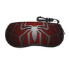 A dark red spider web patterned pouch with a silver spider design and a black strap.