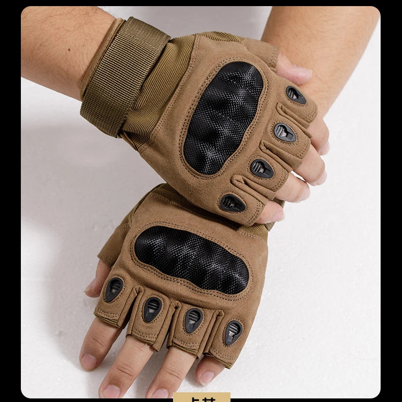 A pair of olive green tactical full finger gloves being held by a person's hand.