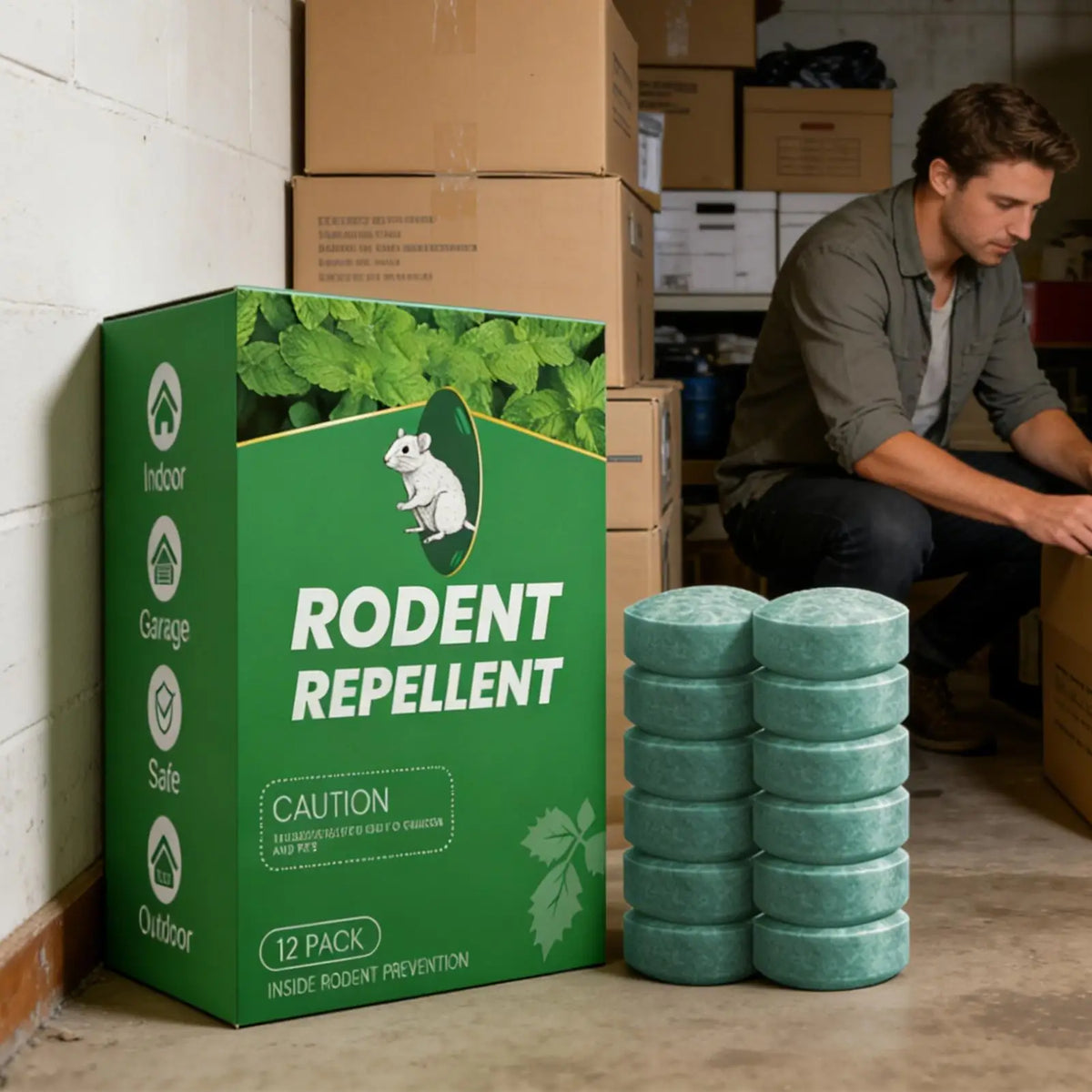 A box of rodent repellent balls with a green label and a white mouse silhouette, sitting on a concrete floor.