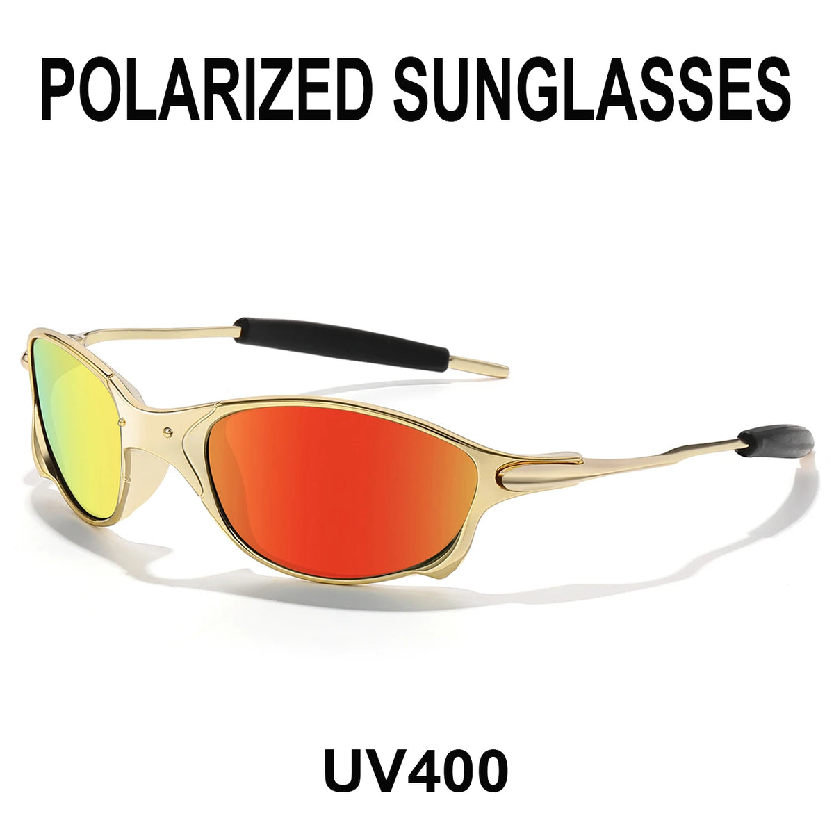 Gold-toned polarized sunglasses with orange lenses and black arms