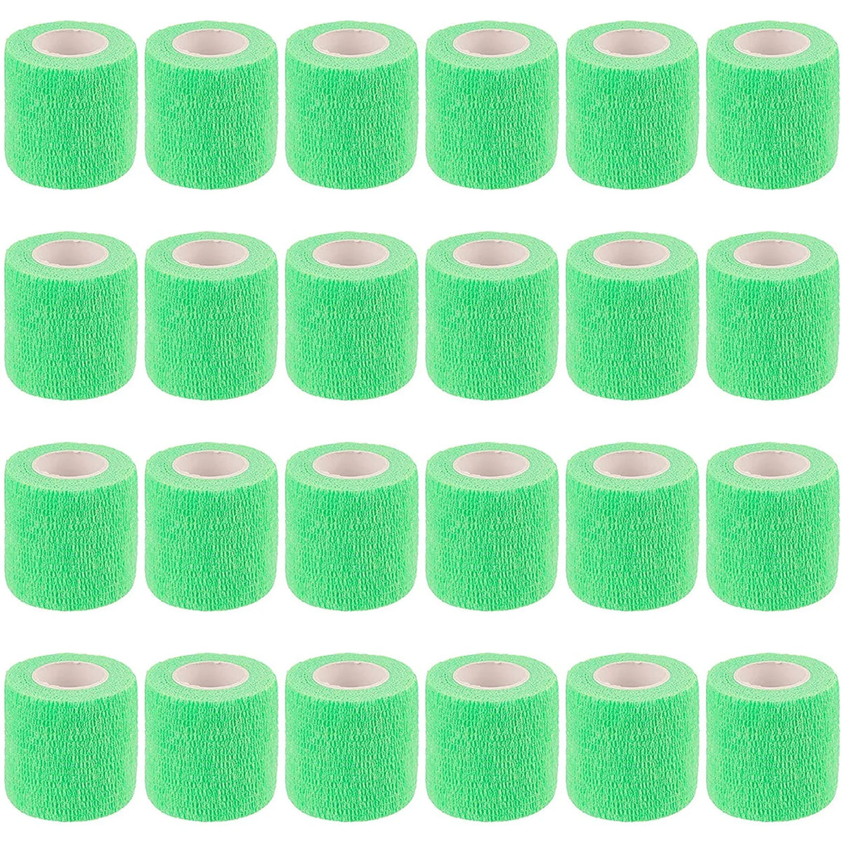Rolls of bright green durable self-adhesive sports bandages.