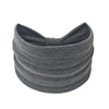 A gray fabric headband or hair wrap for women