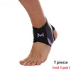 A black knit ankle brace with a purple accent is shown on a person's foot and ankle.