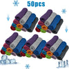 A collection of 50 purple, gray, and blue cooling microfiber towels arranged in rows with ice cubes.