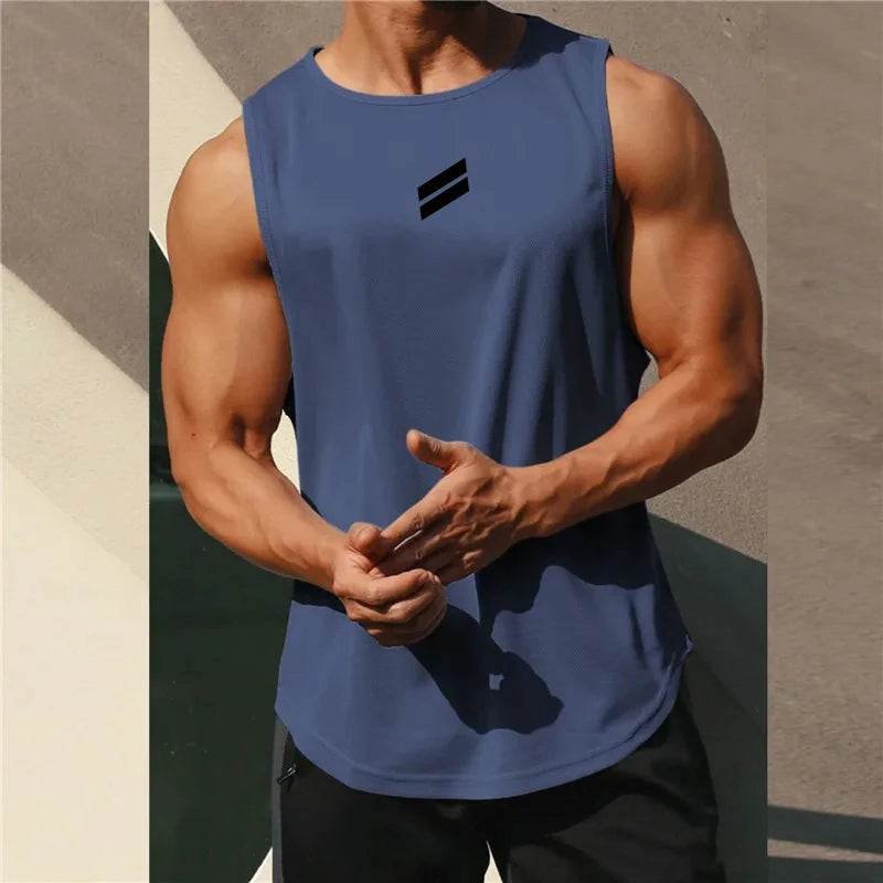 A muscular man wearing a navy blue sleeveless sports tank top with a black geometric design.
