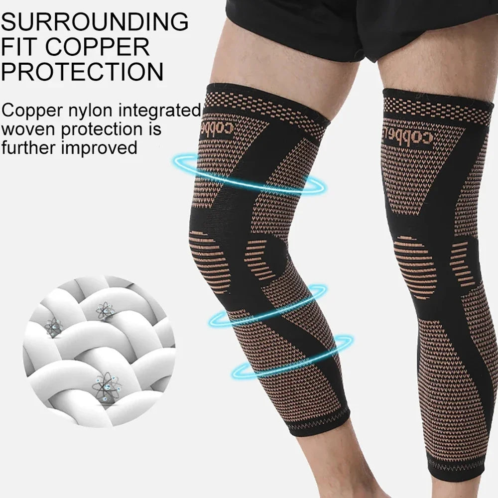 Black knee compression sleeves with copper nylon woven protection for improved support.