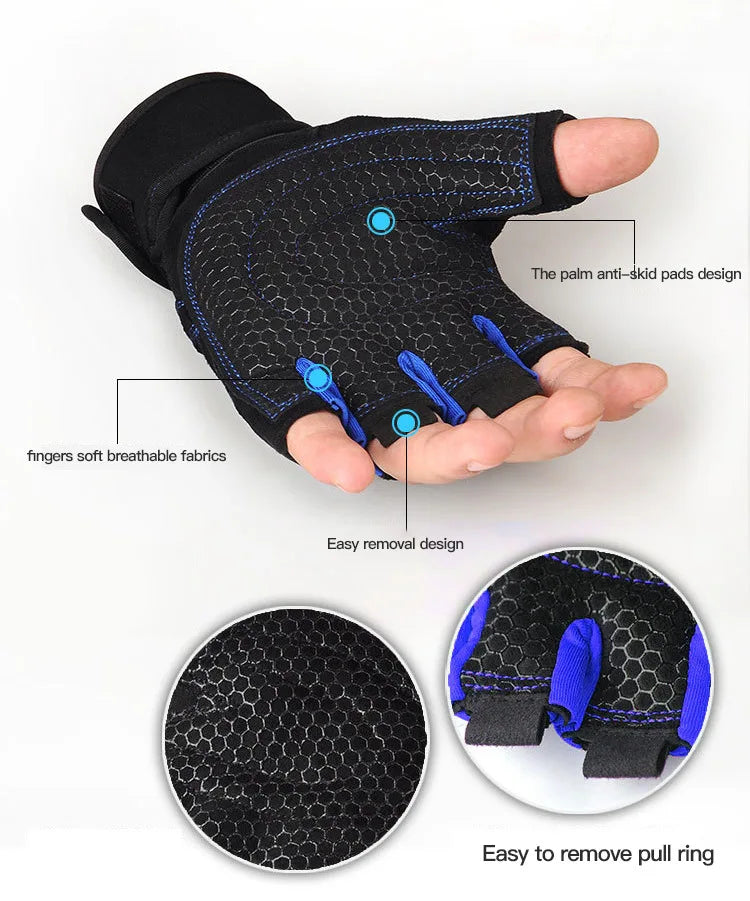 Black performance weightlifting grip gloves shown on a hand, highlighting features like anti-skid pads and easy removal desig