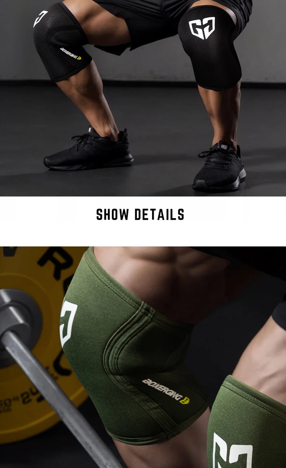 A close-up of a person wearing olive green compression knee sleeves during a workout.