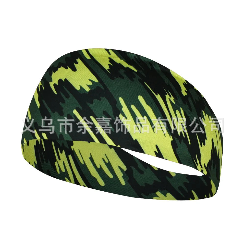 A green and yellow camouflage sports headband shown from the side.