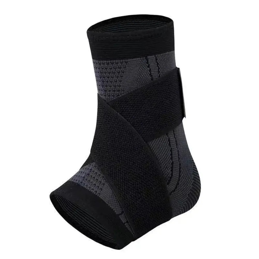 Black adjustable ankle compression brace with a gray patterned strap for foot and arch support